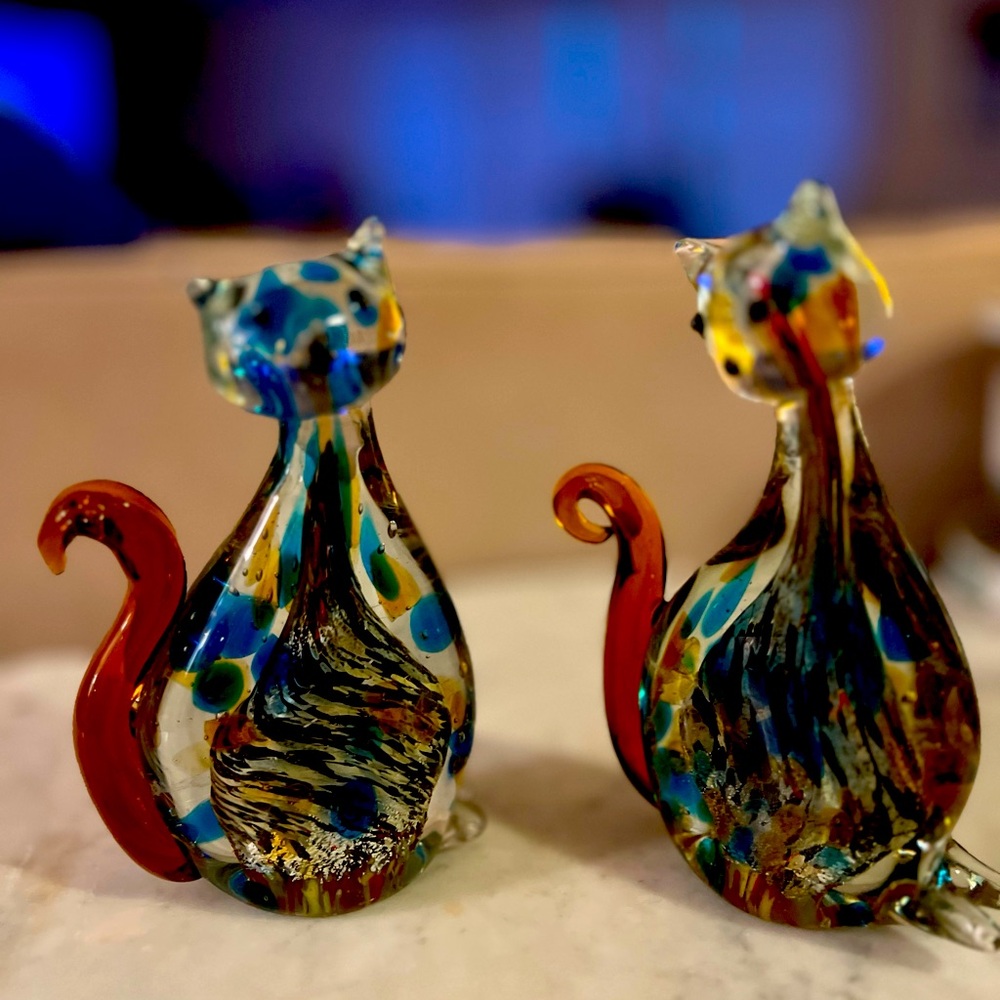 Lot of 2 MCM Hand Blown Chinese Cat Paperweights